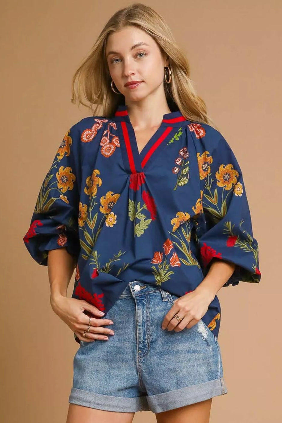 Umgee Floral Print Flounce Sleeve Blouse - SwagglyLife Home & Fashion